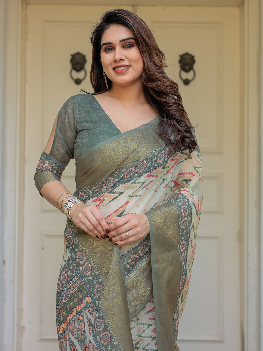 Olive Green Ikat & Ethnic Printed Handloom Cotton Saree with Rich Zari Border & Traditional Pallu