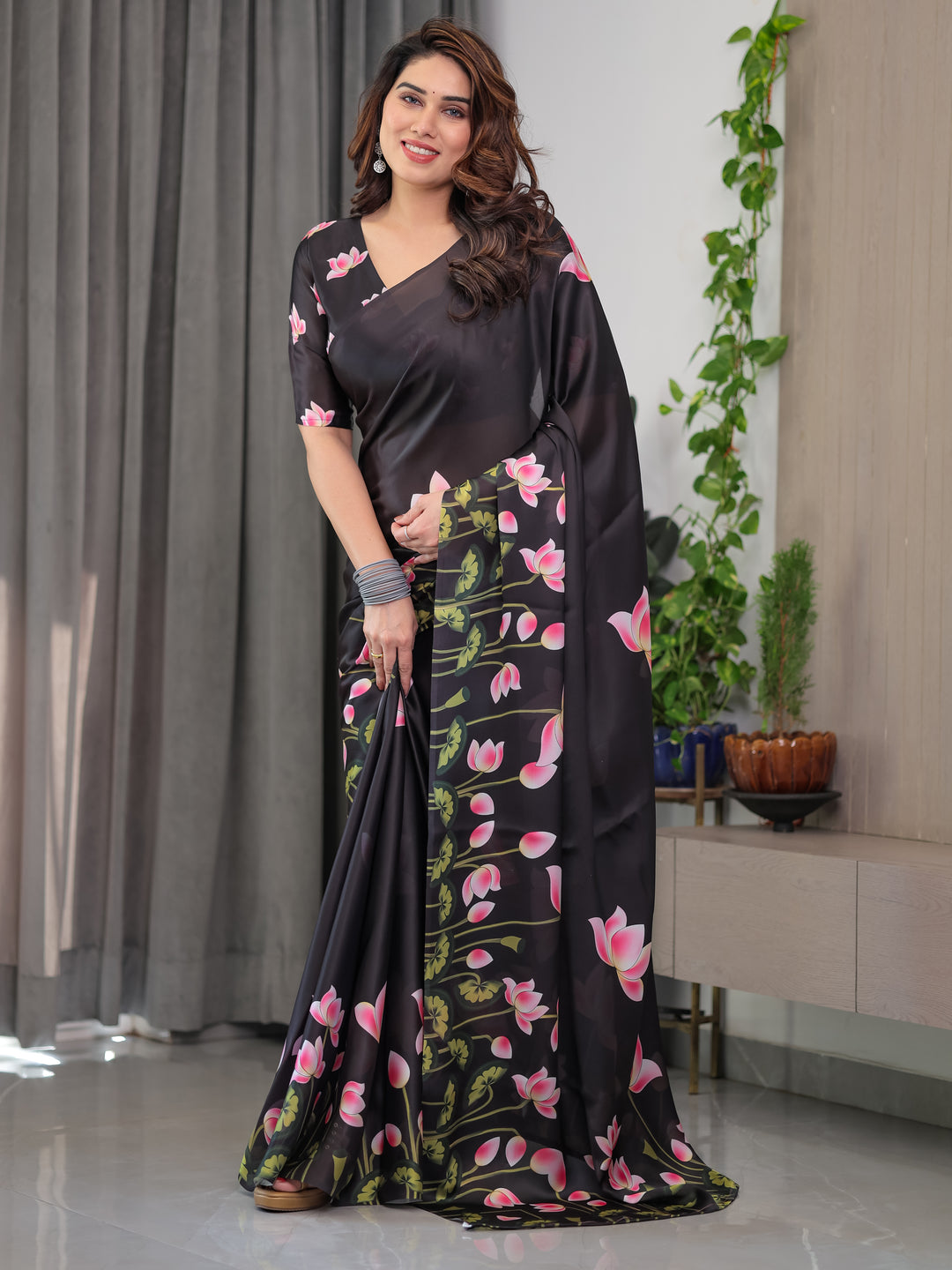 Black Satin Georgette Lotus Floral Printed Saree with Attached Blouse – Elegant Designer Saree for Festive & Evening Wear