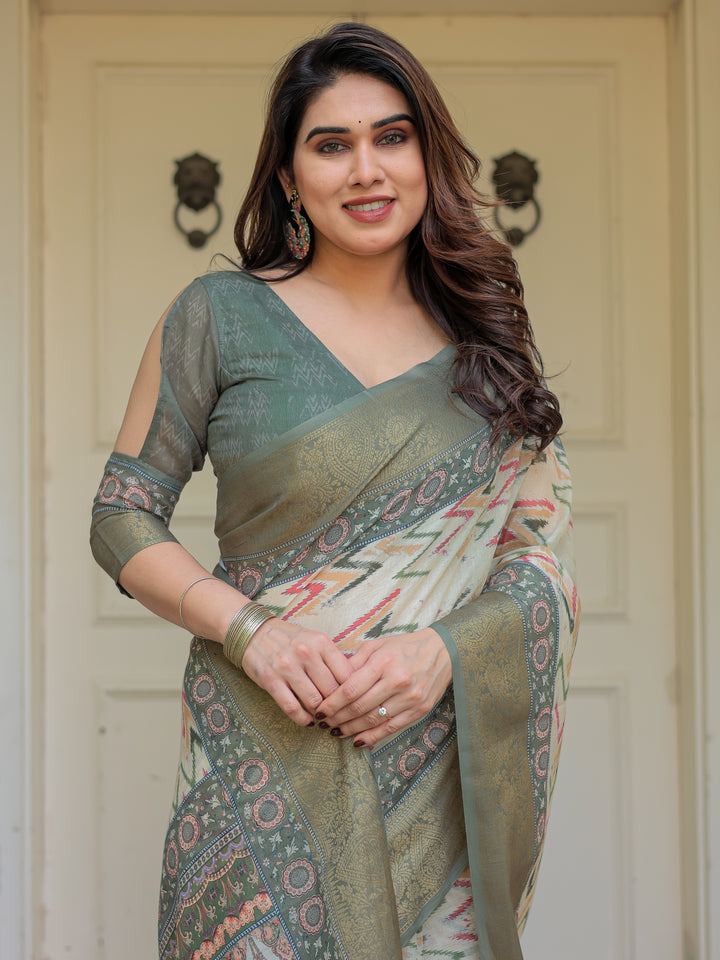 Olive Green Ikat & Ethnic Printed Handloom Cotton Saree with Rich Zari Border & Traditional Pallu
