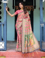 Coral Pink Handloom Cotton Saree with Traditional Folk Procession Print & Classical Dance Pallu