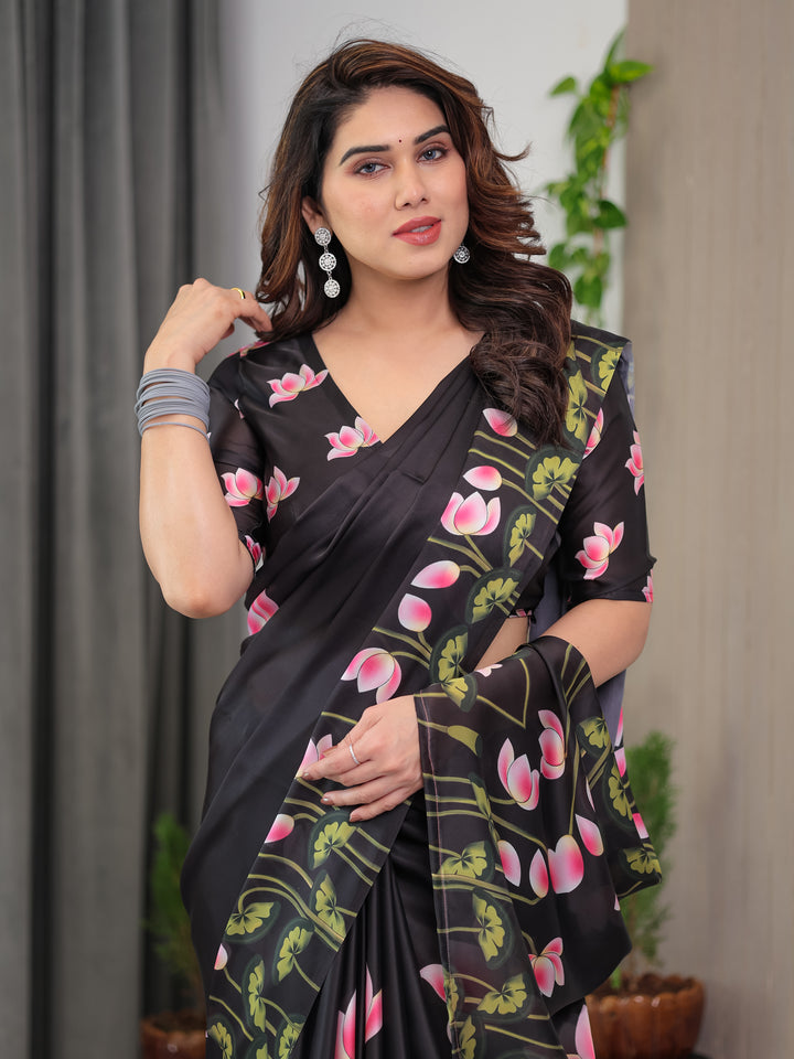 Black Satin Georgette Lotus Floral Printed Saree with Attached Blouse – Elegant Designer Saree for Festive & Evening Wear
