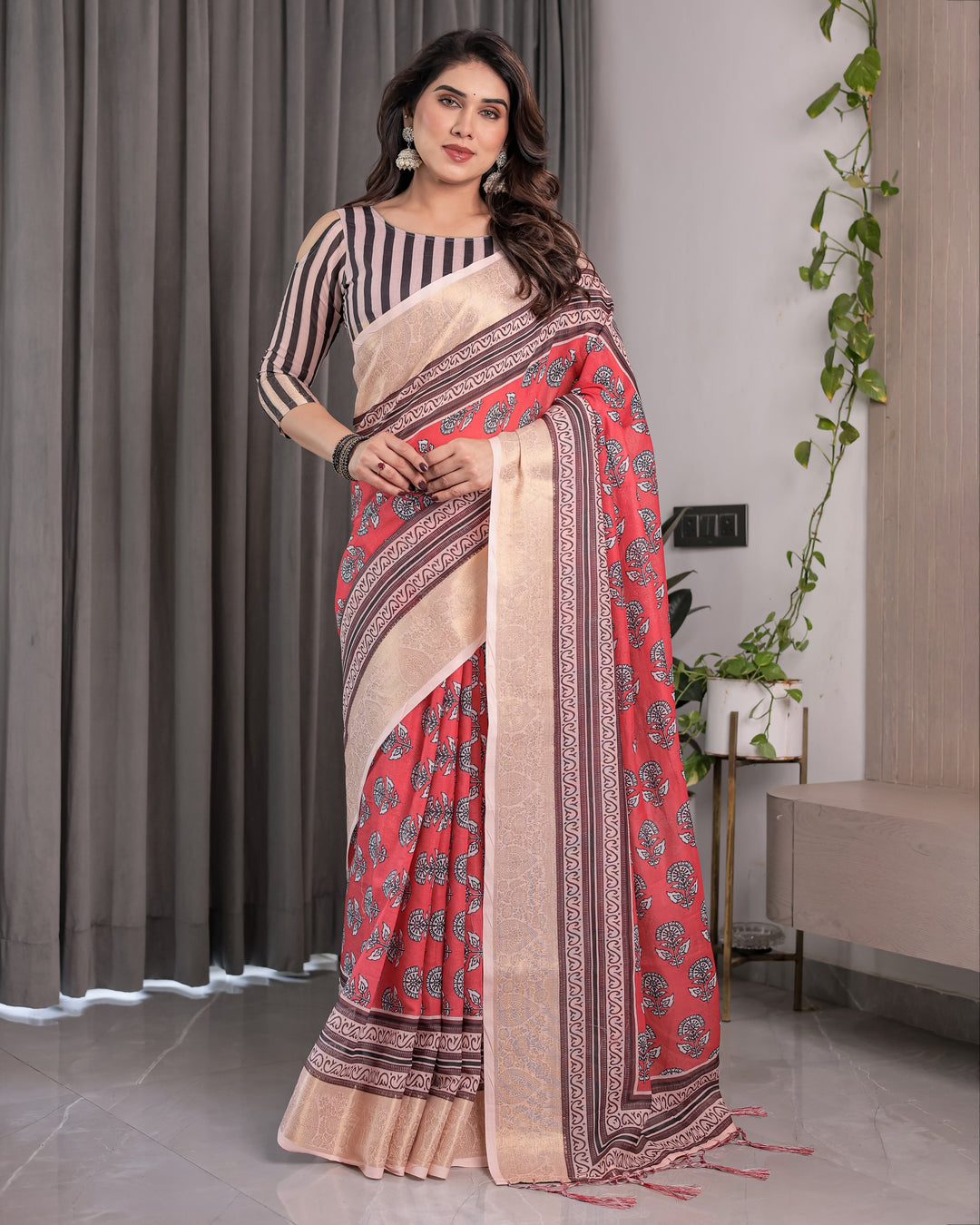 Rust Red Handloom Cotton Linen Saree with Black Floral Buti Print & Zari Border | Ethnic Striped Blouse | 5.5m Saree + 0.8m Blouse Piece