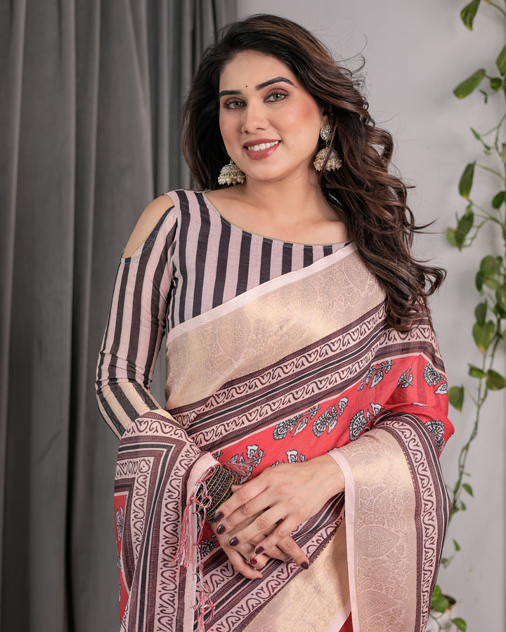 Rust Red Handloom Cotton Linen Saree with Black Floral Buti Print & Zari Border | Ethnic Striped Blouse | 5.5m Saree + 0.8m Blouse Piece