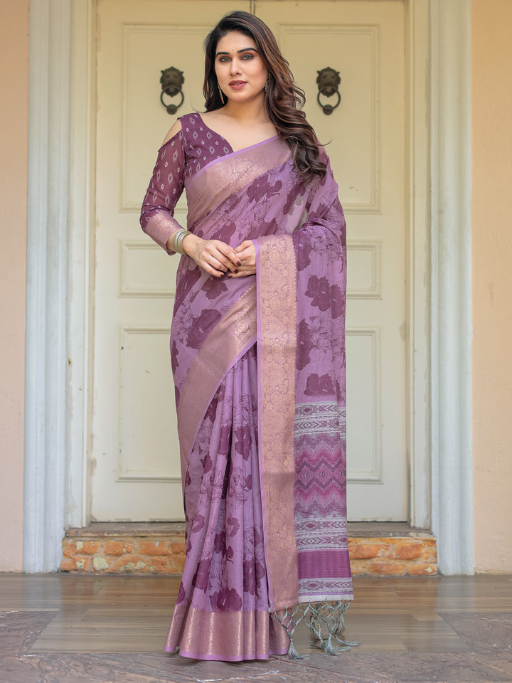 Wine Purple Handloom Cotton Floral Printed Saree with Zari Border & Tassels – Traditional Festive Wear