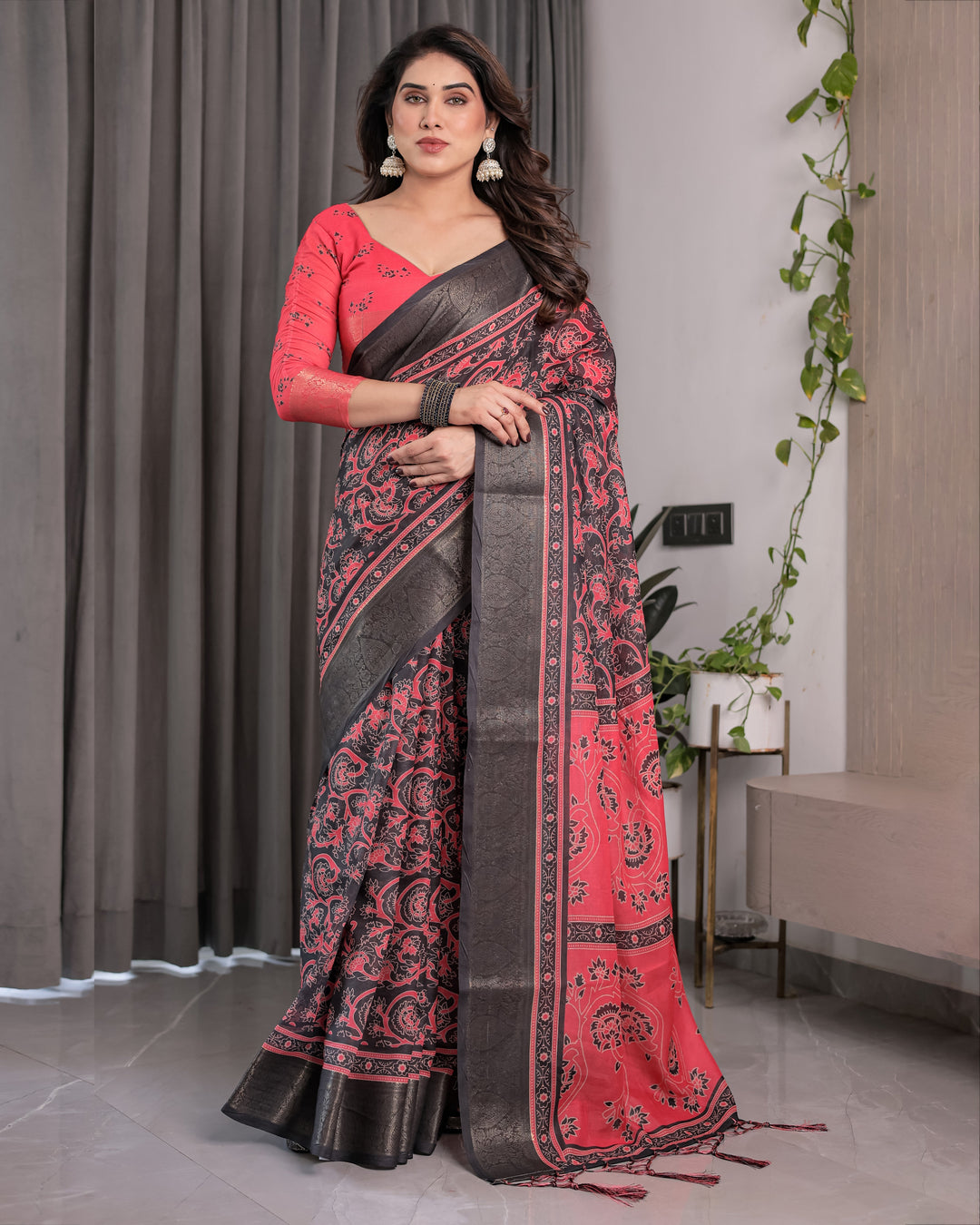 Crimson Red & Black Handloom Linen Saree with Traditional Paisley & Floral Buti Print | Antique Zari Border | 5.5m Saree + 0.8m Blouse