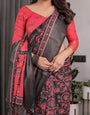 Crimson Red & Black Handloom Linen Saree with Traditional Paisley & Floral Buti Print | Antique Zari Border | 5.5m Saree + 0.8m Blouse