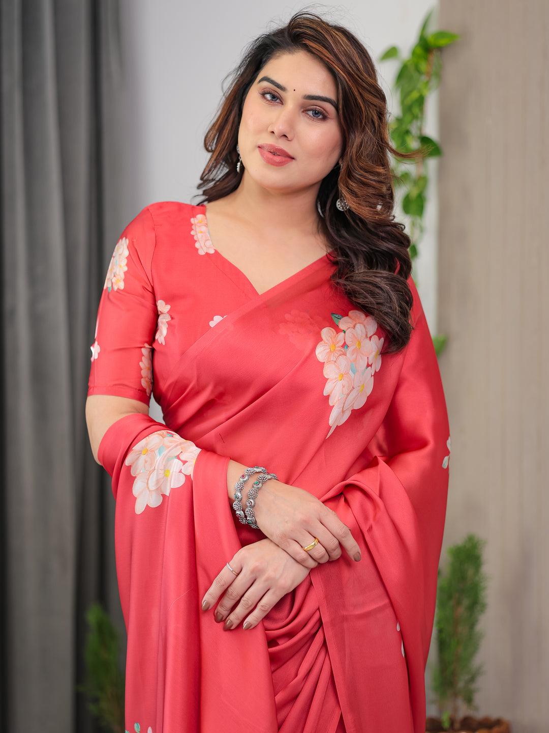 Coral Red Satin Georgette Floral Printed Saree with Attached Blouse – Elegant Designer Saree for Festive & Party Wear