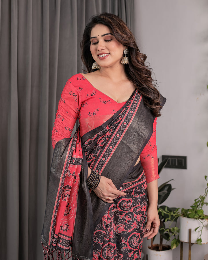 Crimson Red & Black Handloom Linen Saree with Traditional Paisley & Floral Buti Print | Antique Zari Border | 5.5m Saree + 0.8m Blouse