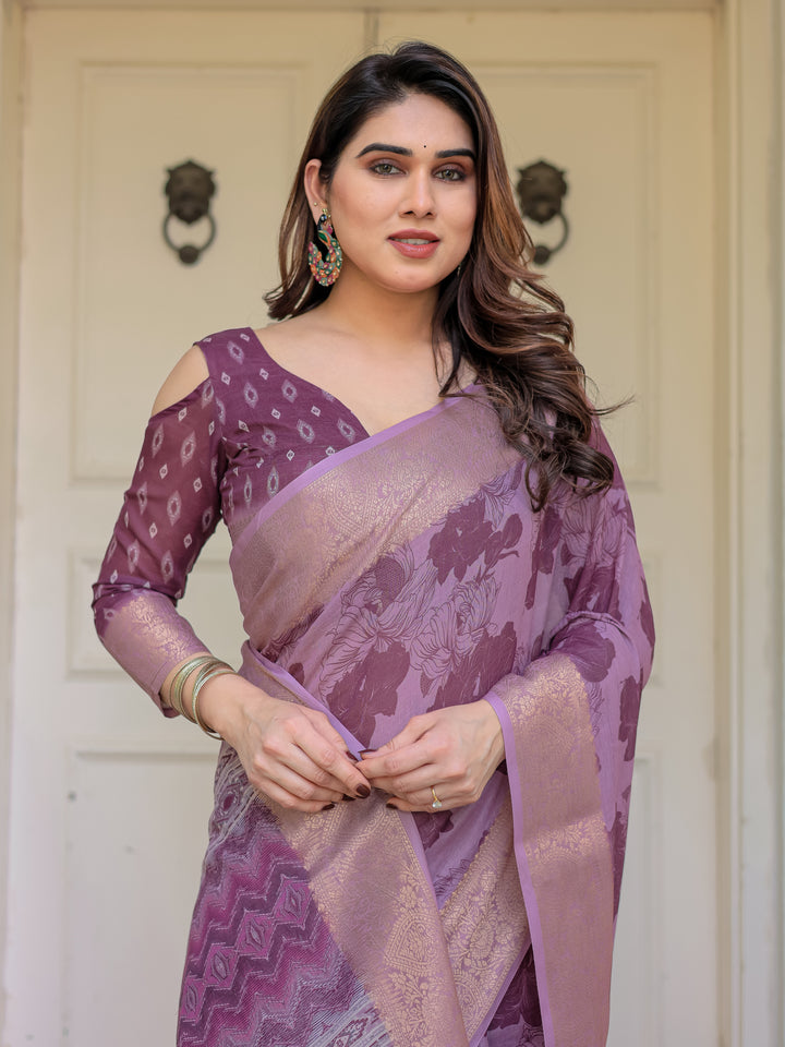 Wine Purple Handloom Cotton Floral Printed Saree with Zari Border & Tassels – Traditional Festive Wear