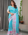 Aqua Blue Satin Georgette Pink Floral Printed Saree with Attached Blouse – Soft Pastel Designer Saree for Elegant & Festive Wear