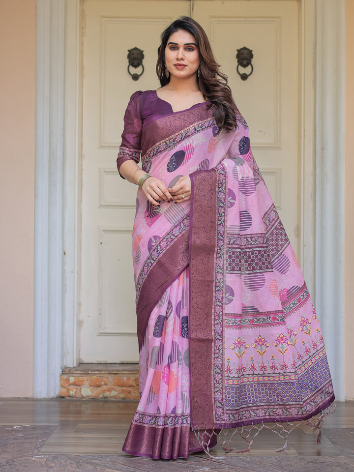 Dusty Pink & Plum Handloom Cotton Printed Saree with Zari Border & Tassels – Ethnic Traditional Wear