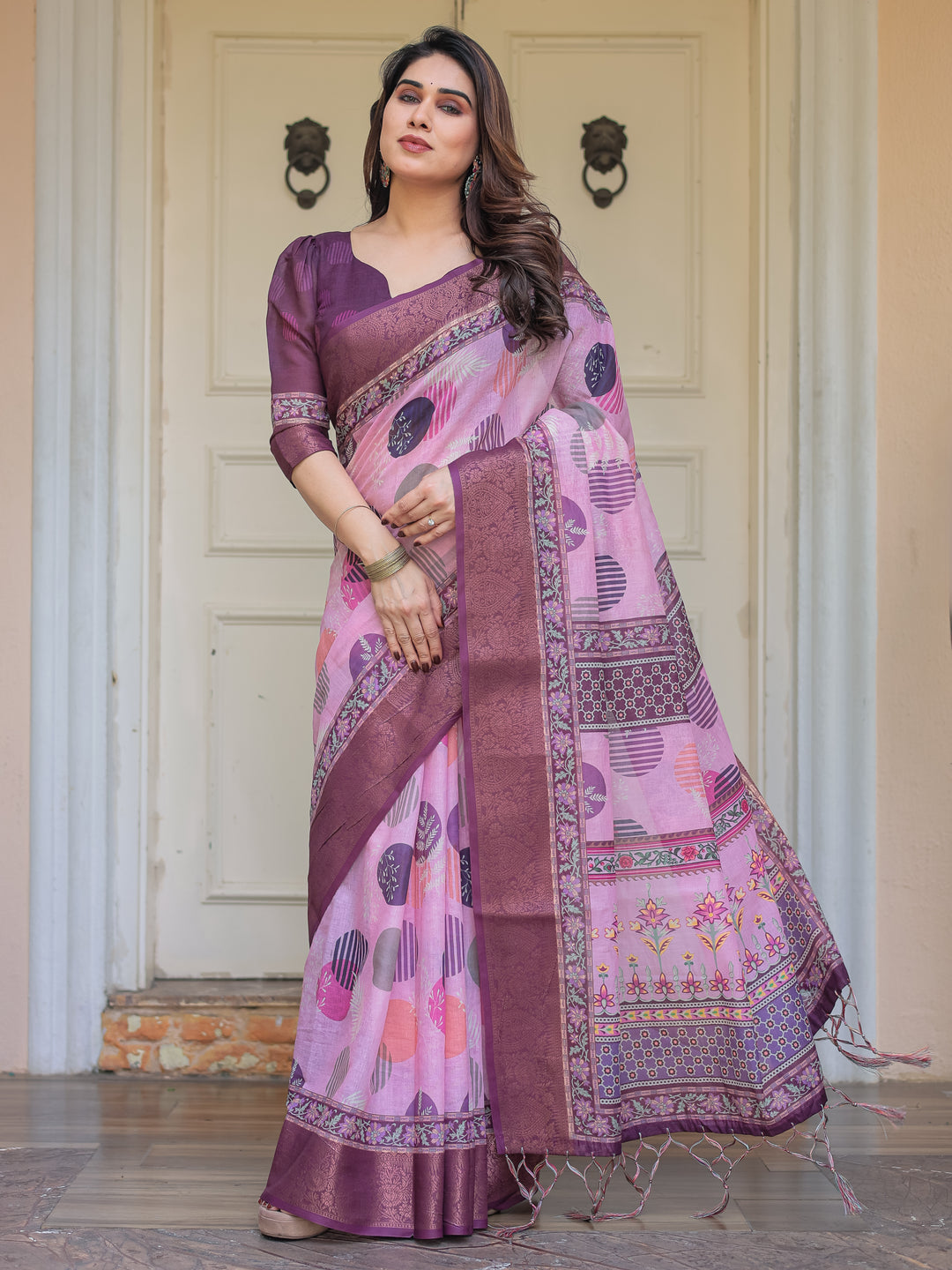 Dusty Pink & Plum Handloom Cotton Printed Saree with Zari Border & Tassels – Ethnic Traditional Wear