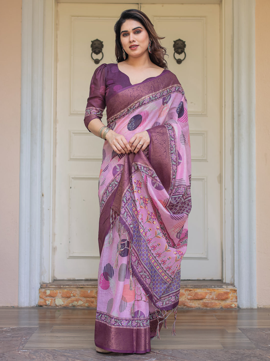 Dusty Pink & Plum Handloom Cotton Printed Saree with Zari Border & Tassels – Ethnic Traditional Wear
