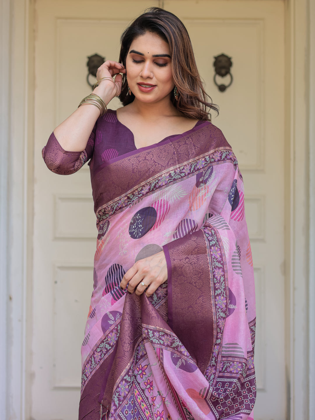 Dusty Pink & Plum Handloom Cotton Printed Saree with Zari Border & Tassels – Ethnic Traditional Wear