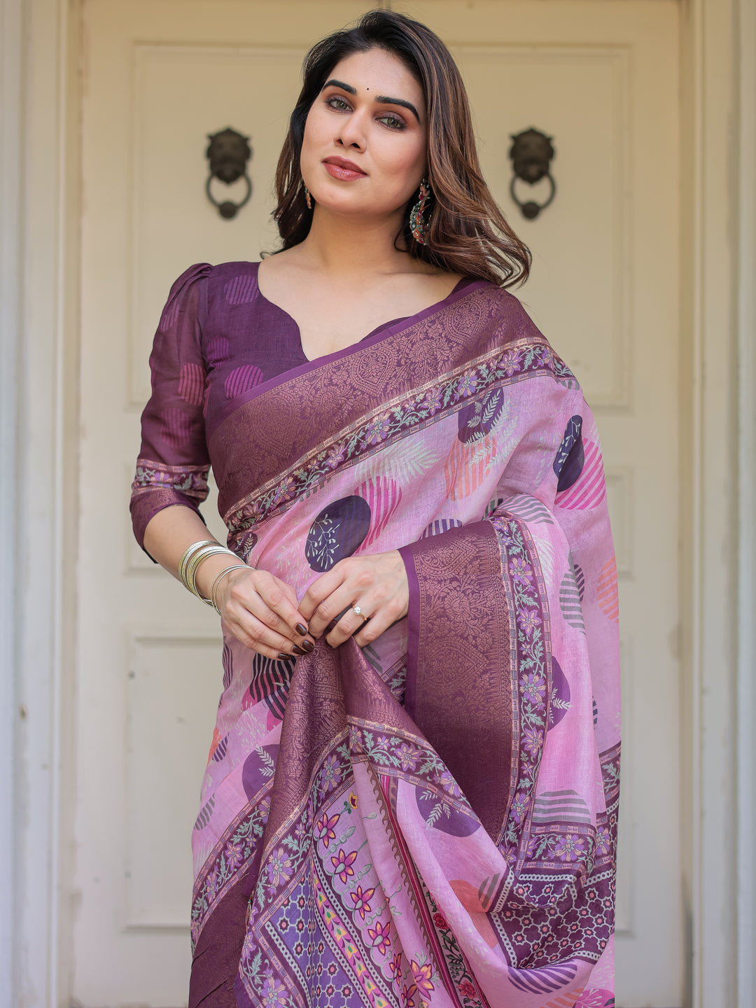 Dusty Pink & Plum Handloom Cotton Printed Saree with Zari Border & Tassels – Ethnic Traditional Wear