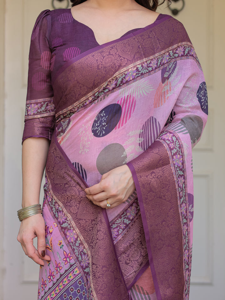 Dusty Pink & Plum Handloom Cotton Printed Saree with Zari Border & Tassels – Ethnic Traditional Wear