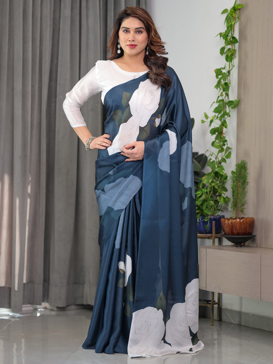 Midnight Blue Satin Georgette White Rose Printed Saree with Attached Blouse – Elegant Designer Saree for Festive & Evening Wear