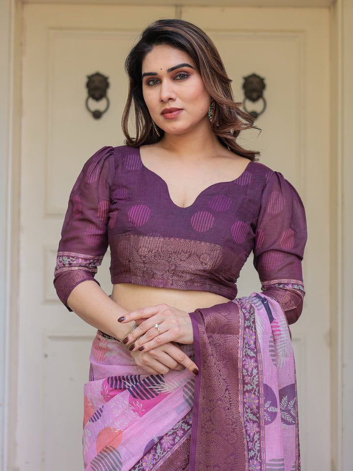 Dusty Pink & Plum Handloom Cotton Printed Saree with Zari Border & Tassels – Ethnic Traditional Wear