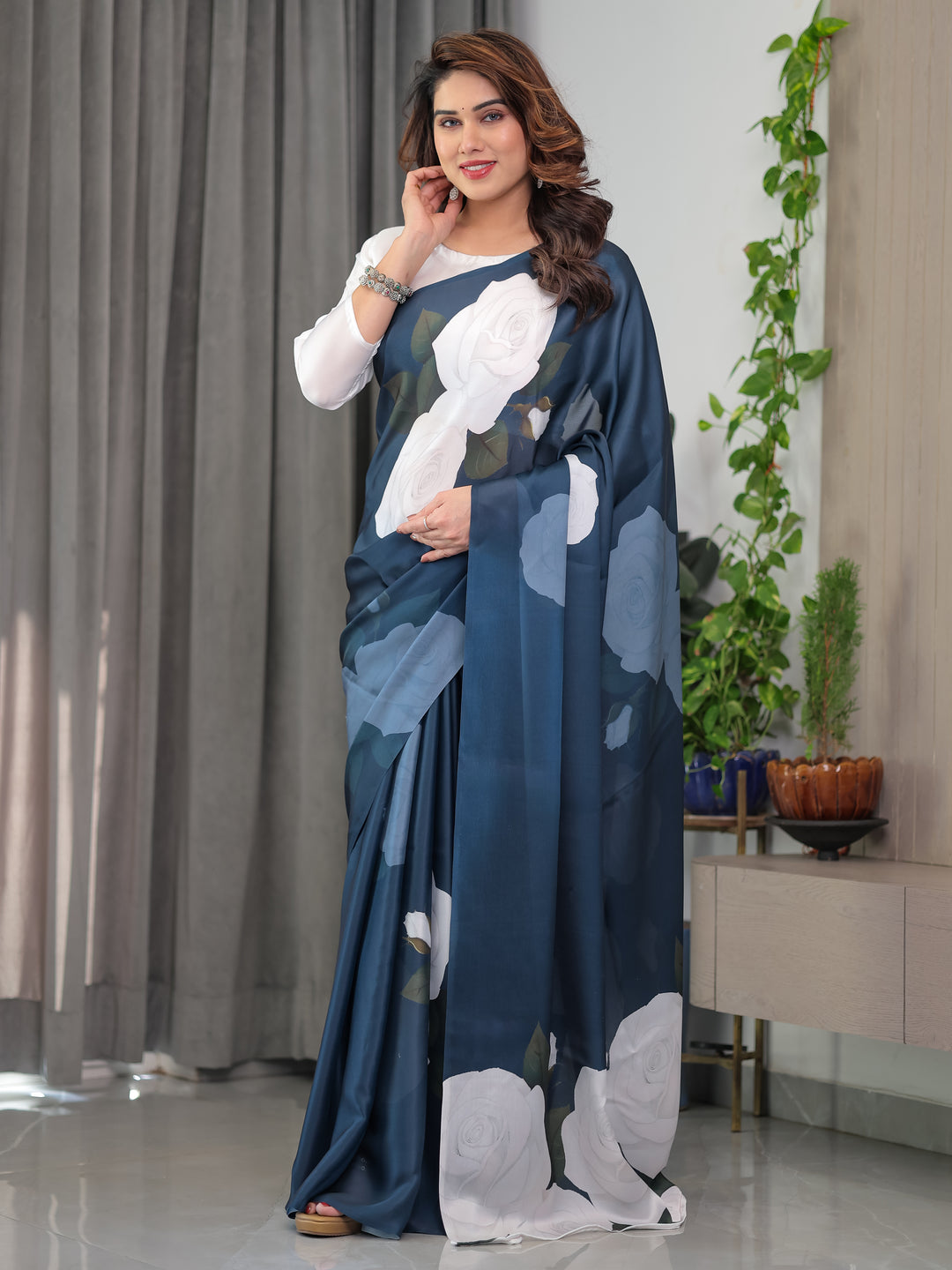 Midnight Blue Satin Georgette White Rose Printed Saree with Attached Blouse – Elegant Designer Saree for Festive & Evening Wear