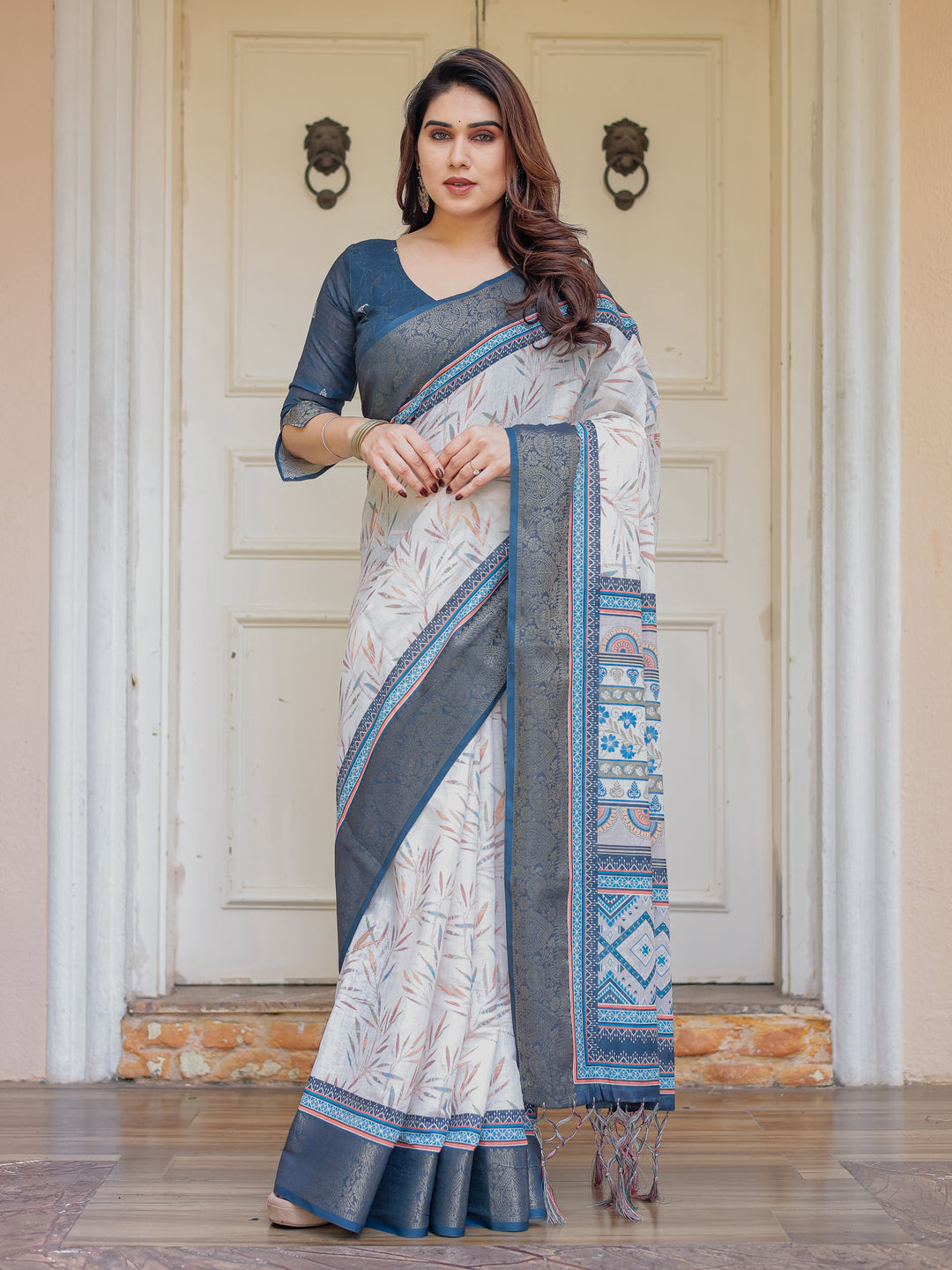 Steel Grey & Teal Handloom Cotton Printed Saree with Zari Border & Tassels – Classic Ethnic Wear