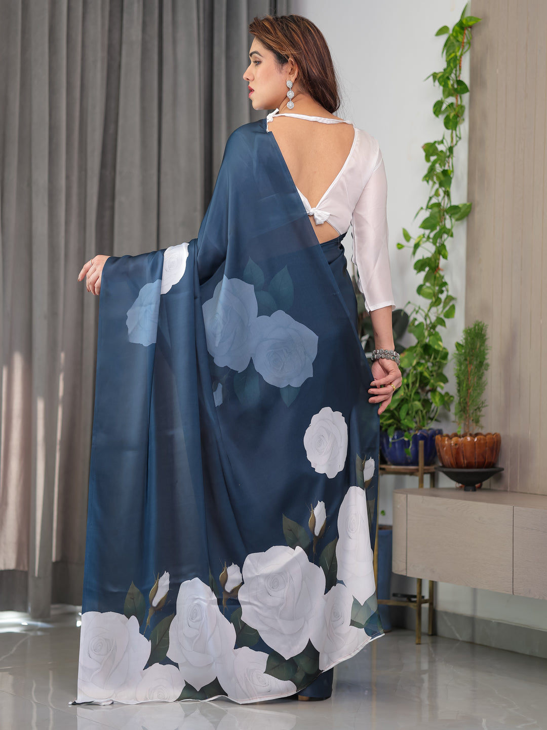 Midnight Blue Satin Georgette White Rose Printed Saree with Attached Blouse – Elegant Designer Saree for Festive & Evening Wear