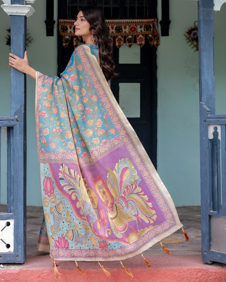 Aqua Blue Handloom Cotton Saree with Multicolor Floral Print & Royal Simha-Pakshi Pallu