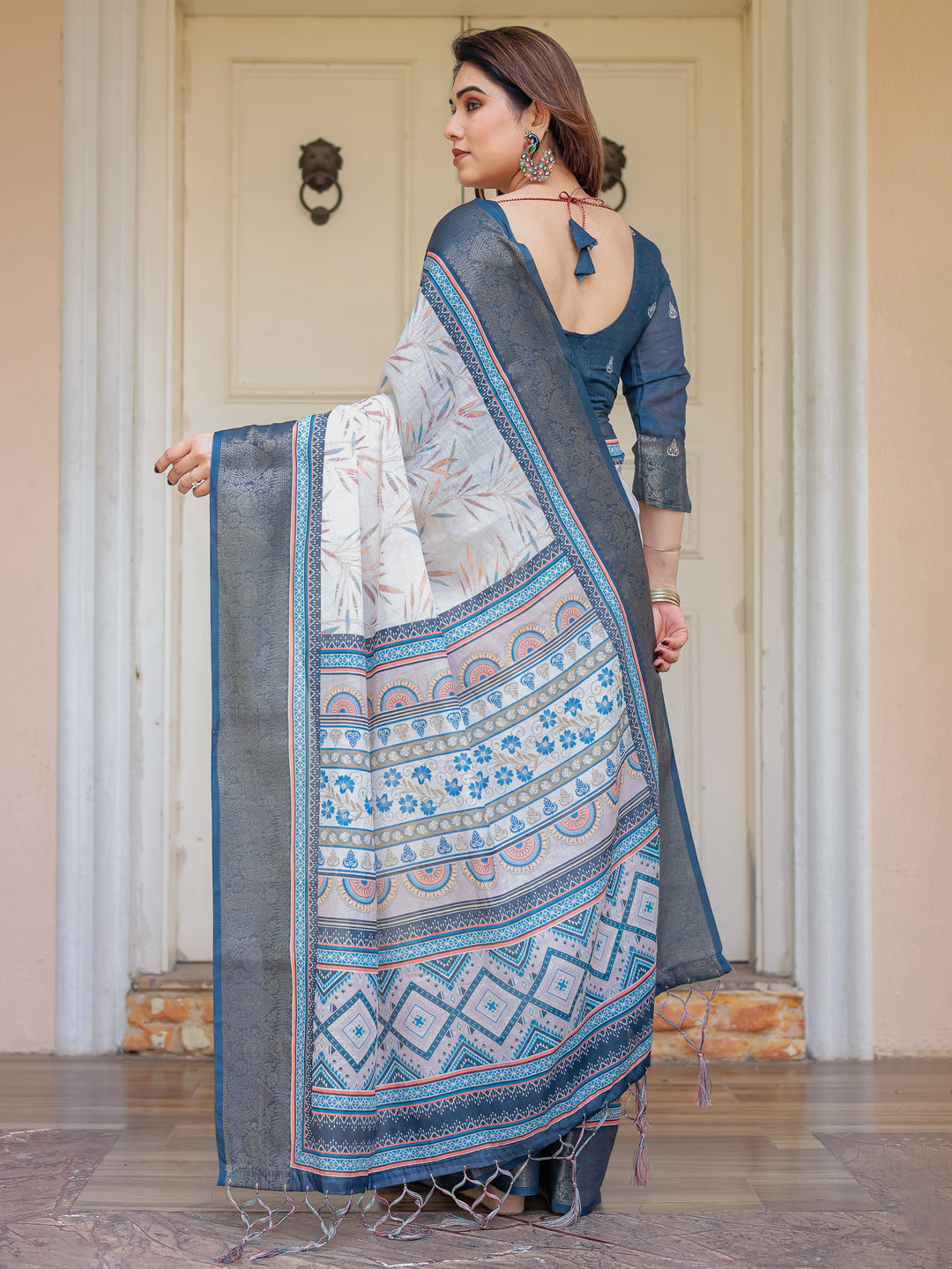 Steel Grey & Teal Handloom Cotton Printed Saree with Zari Border & Tassels – Classic Ethnic Wear
