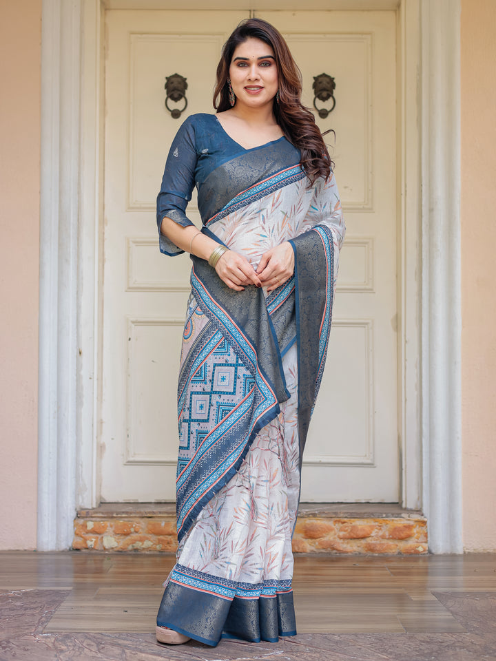 Steel Grey & Teal Handloom Cotton Printed Saree with Zari Border & Tassels – Classic Ethnic Wear