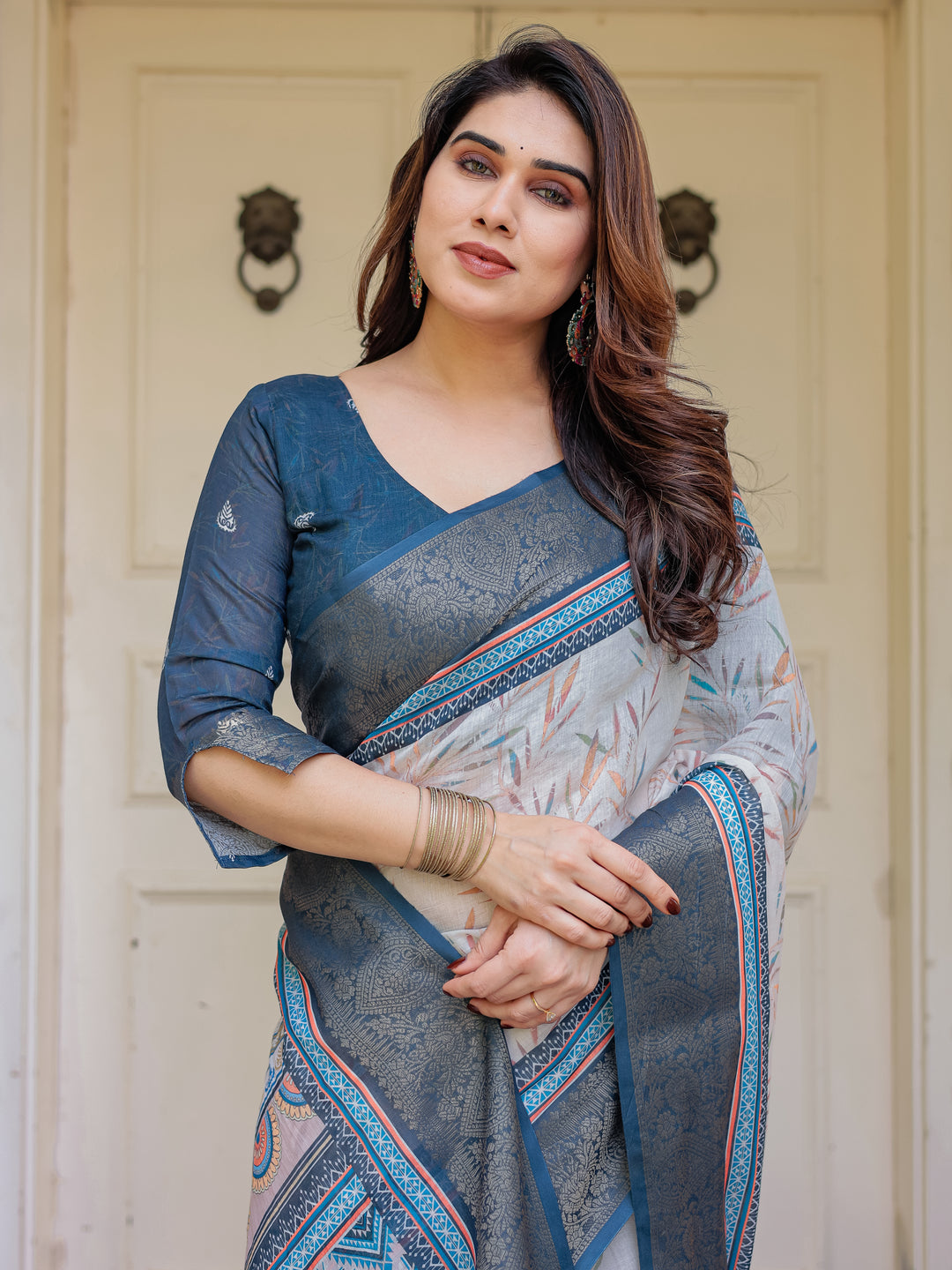 Steel Grey & Teal Handloom Cotton Printed Saree with Zari Border & Tassels – Classic Ethnic Wear