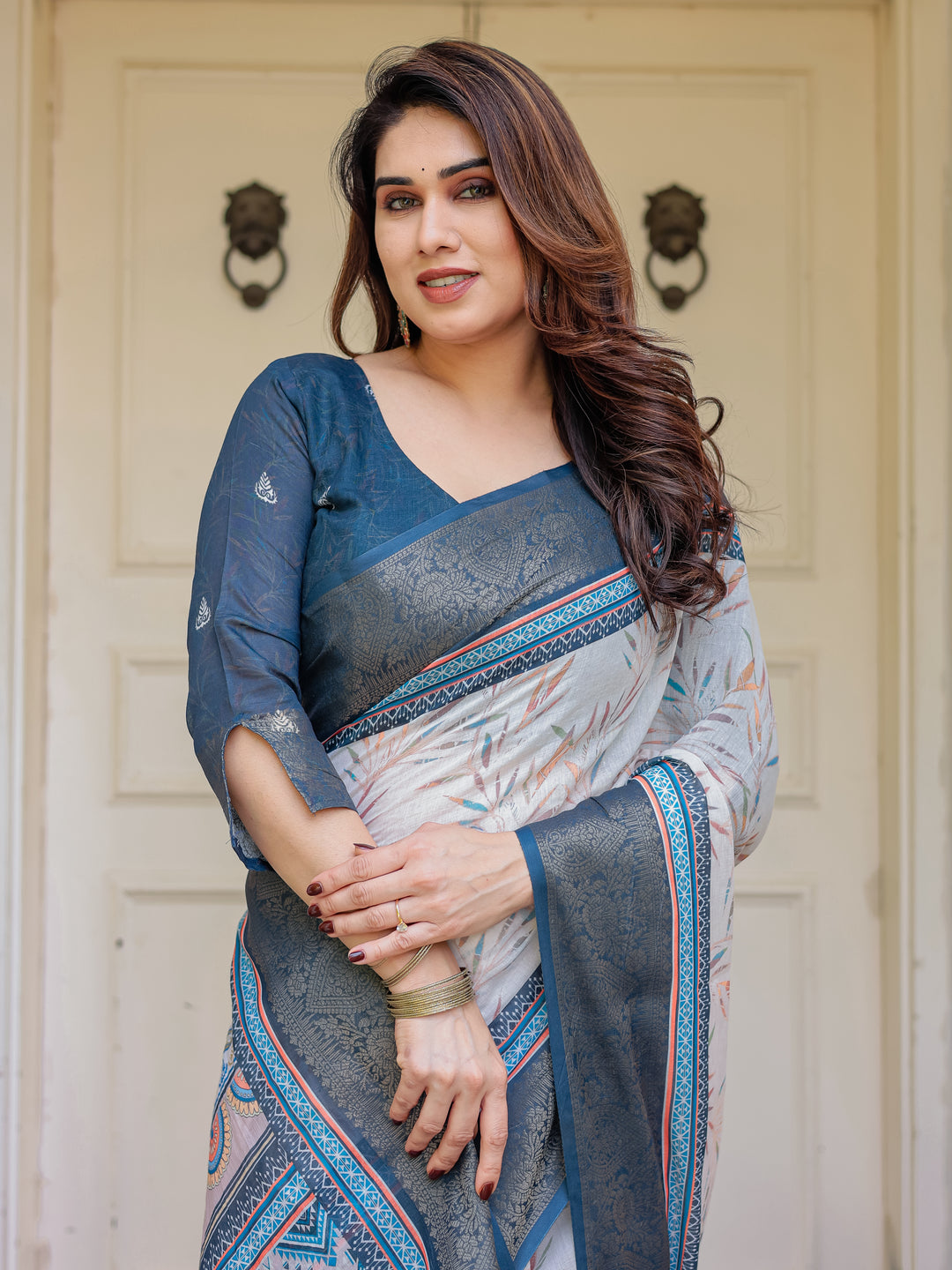 Steel Grey & Teal Handloom Cotton Printed Saree with Zari Border & Tassels – Classic Ethnic Wear