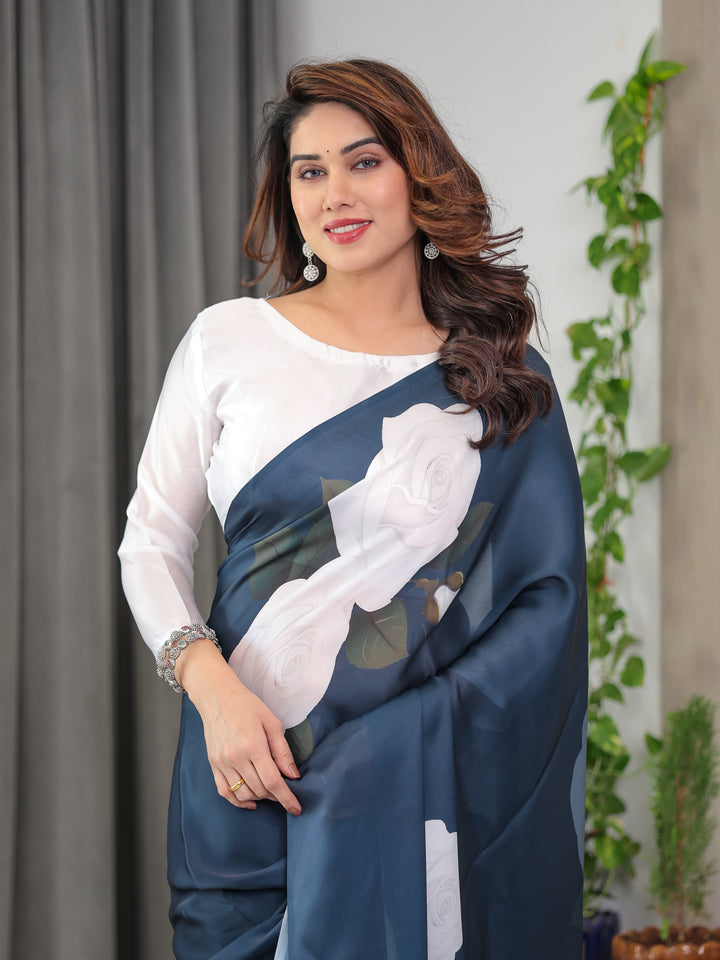 Midnight Blue Satin Georgette White Rose Printed Saree with Attached Blouse – Elegant Designer Saree for Festive & Evening Wear