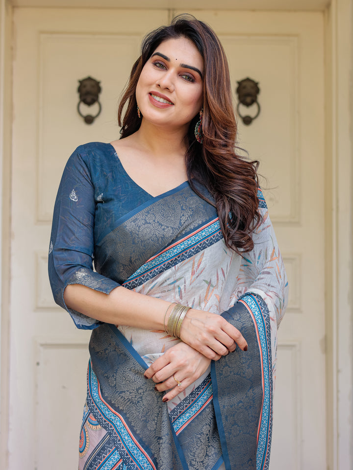 Steel Grey & Teal Handloom Cotton Printed Saree with Zari Border & Tassels – Classic Ethnic Wear