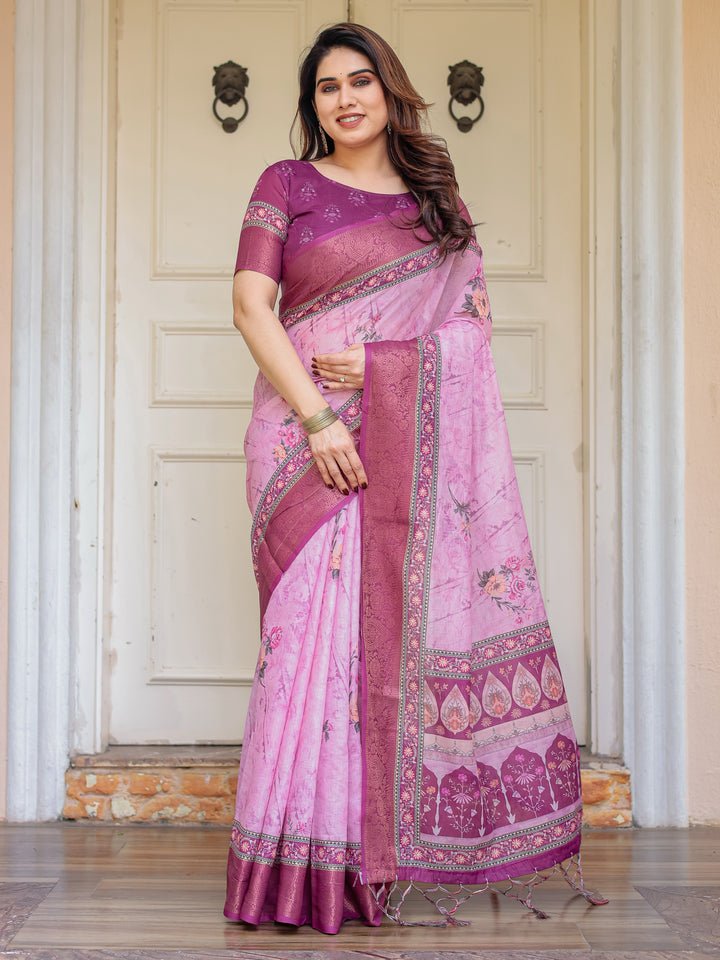 Rose Pink & Magenta Handloom Cotton Floral Printed Saree with Zari Border & Tassels – Traditional Ethnic Wear