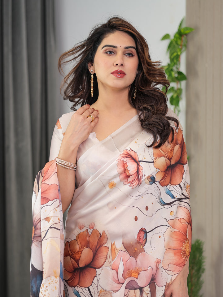 Ivory Beige Satin Georgette Abstract Floral Printed Saree with Attached Blouse – Elegant Designer Saree for Festive & Sophisticated Wear