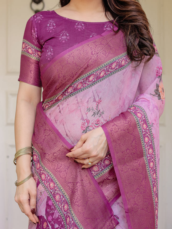 Rose Pink & Magenta Handloom Cotton Floral Printed Saree with Zari Border & Tassels – Traditional Ethnic Wear