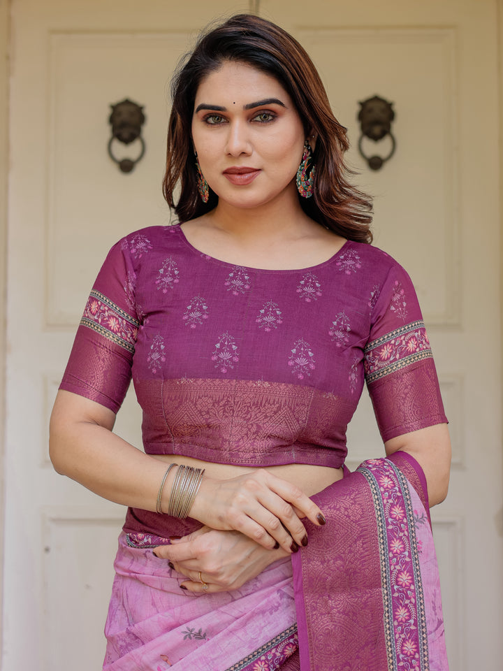 Rose Pink & Magenta Handloom Cotton Floral Printed Saree with Zari Border & Tassels – Traditional Ethnic Wear
