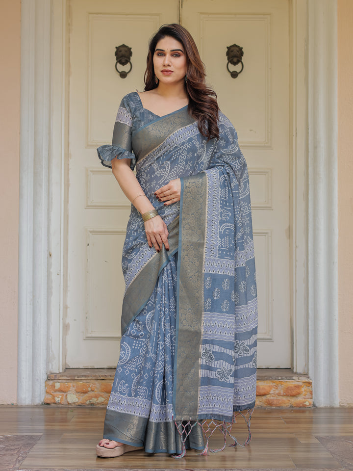 Slate Grey Handloom Cotton Ethnic Printed Saree with Zari Border & Tassels – Classic Traditional Wear
