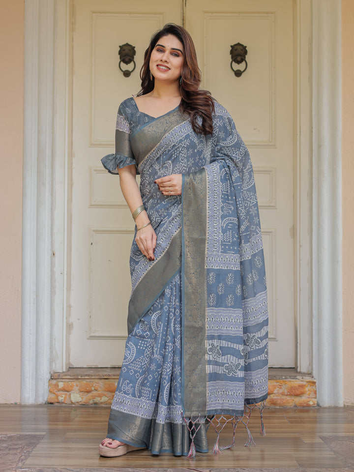 Slate Grey Handloom Cotton Ethnic Printed Saree with Zari Border & Tassels – Classic Traditional Wear