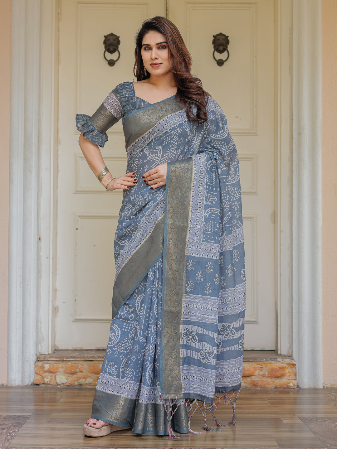 Slate Grey Handloom Cotton Ethnic Printed Saree with Zari Border & Tassels – Classic Traditional Wear