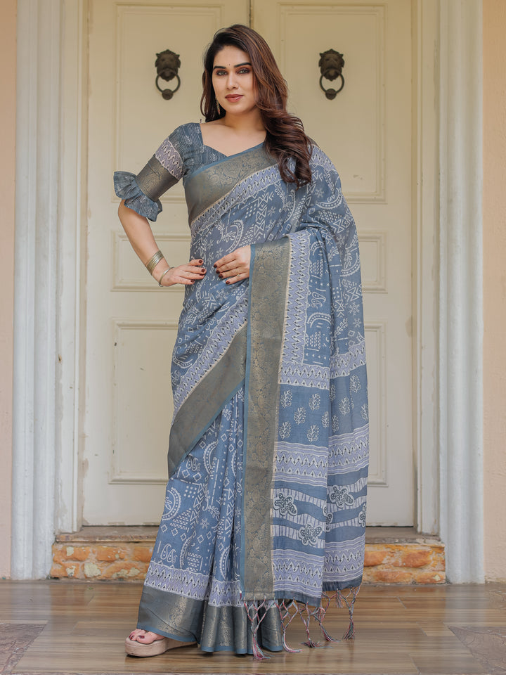 Slate Grey Handloom Cotton Ethnic Printed Saree with Zari Border & Tassels – Classic Traditional Wear