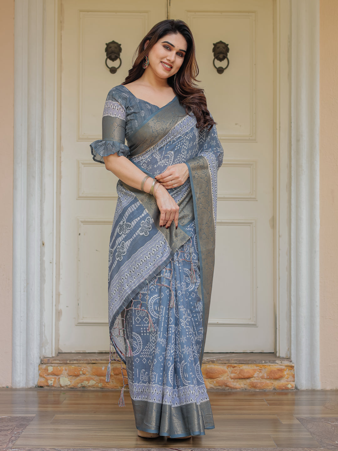 Slate Grey Handloom Cotton Ethnic Printed Saree with Zari Border & Tassels – Classic Traditional Wear