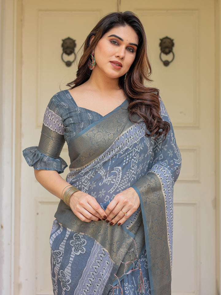 Slate Grey Handloom Cotton Ethnic Printed Saree with Zari Border & Tassels – Classic Traditional Wear