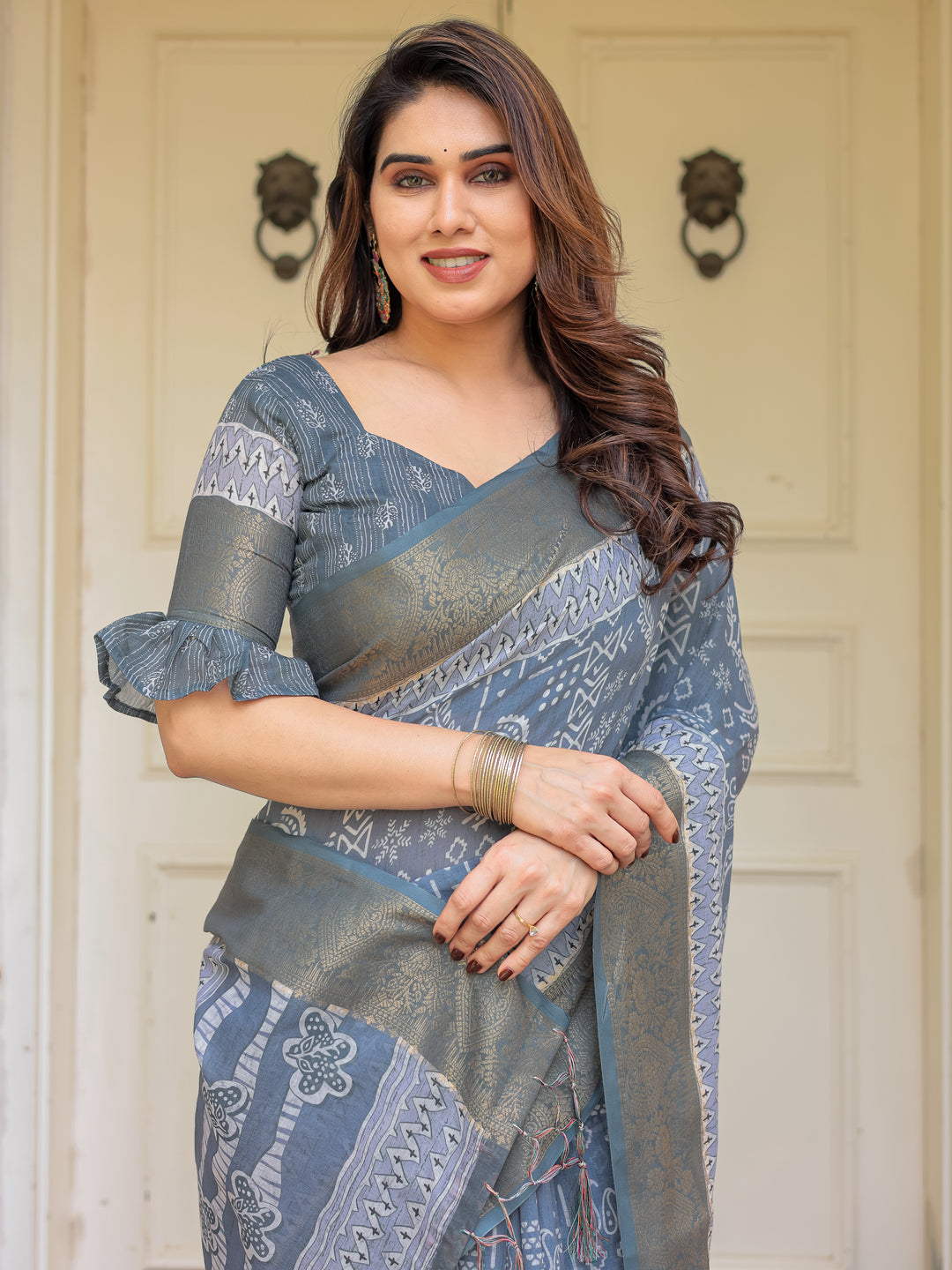 Slate Grey Handloom Cotton Ethnic Printed Saree with Zari Border & Tassels – Classic Traditional Wear