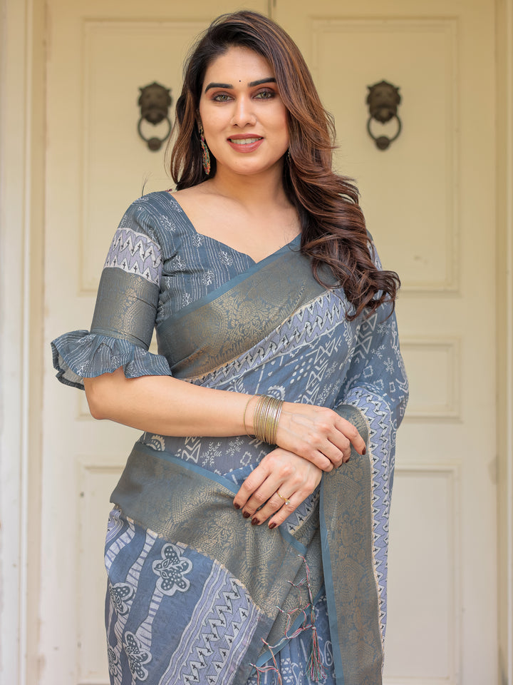 Slate Grey Handloom Cotton Ethnic Printed Saree with Zari Border & Tassels – Classic Traditional Wear