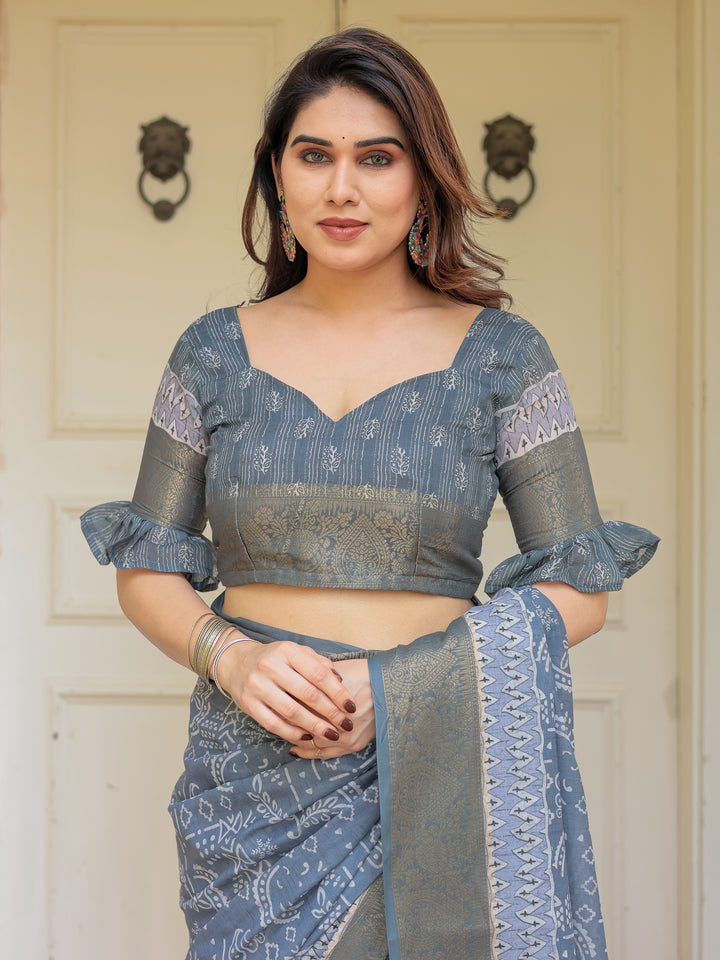 Slate Grey Handloom Cotton Ethnic Printed Saree with Zari Border & Tassels – Classic Traditional Wear
