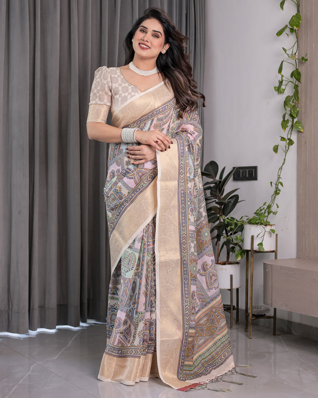 Beige Handloom Linen Saree with Tribal & Peacock Multicolor Digital Print | Traditional Art Pallu with Zari Border | 5.5m Saree + 0.8m Blouse