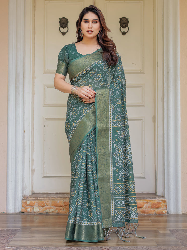 Bottle Green Handloom Cotton Bandhani Inspired Printed Saree with Zari Border & Tassels – Traditional Ethnic Wear
