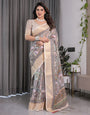 Beige Handloom Linen Saree with Tribal & Peacock Multicolor Digital Print | Traditional Art Pallu with Zari Border | 5.5m Saree + 0.8m Blouse