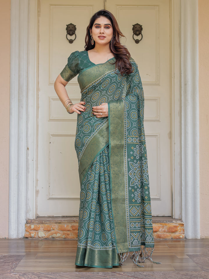 Bottle Green Handloom Cotton Bandhani Inspired Printed Saree with Zari Border & Tassels – Traditional Ethnic Wear