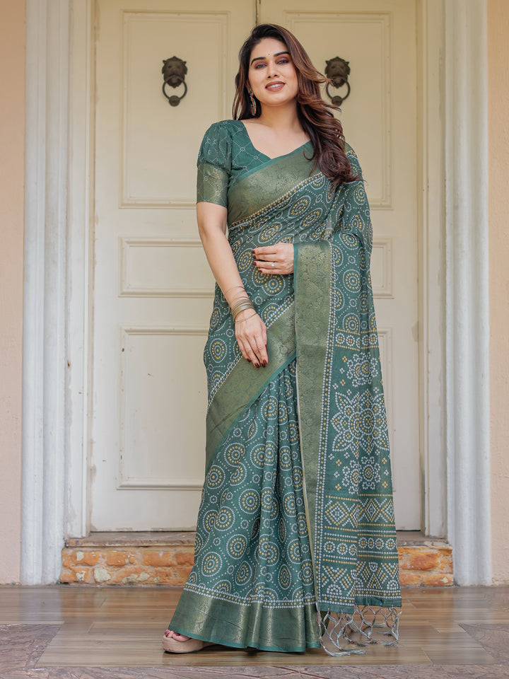 Bottle Green Handloom Cotton Bandhani Inspired Printed Saree with Zari Border & Tassels – Traditional Ethnic Wear